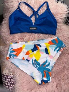 Savage X Fenty Cobalt Blue Bralette with Multicolor Abstract Bikini Bottoms
